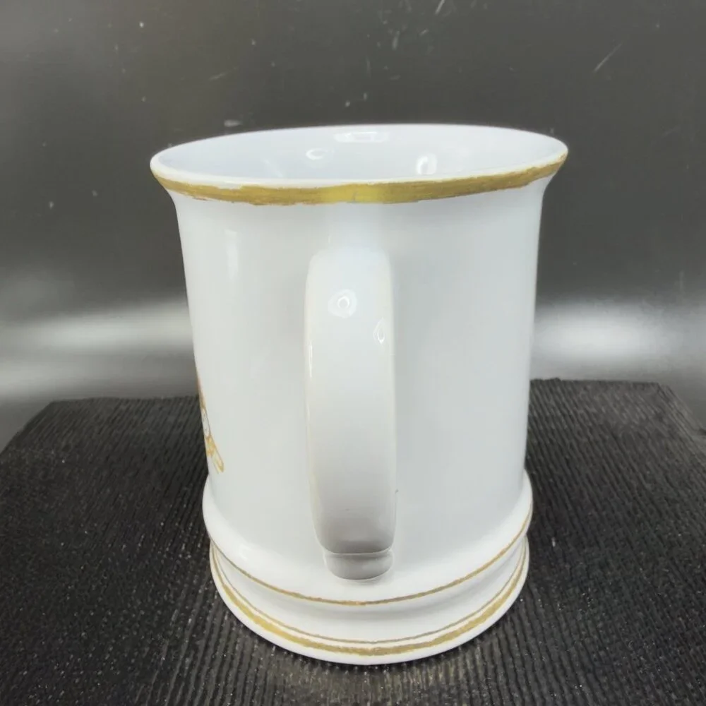 Williams Sonoma Brushed Gold Monogram Letter R Ceramic White Gold Coffee Mug Cup